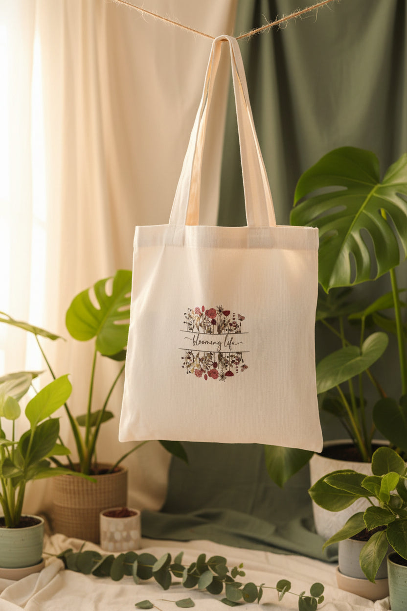 An off-white canvas tote bag with two handles, featuring a floral graphic and the words 'blooming life' printed on the front. 8x8in