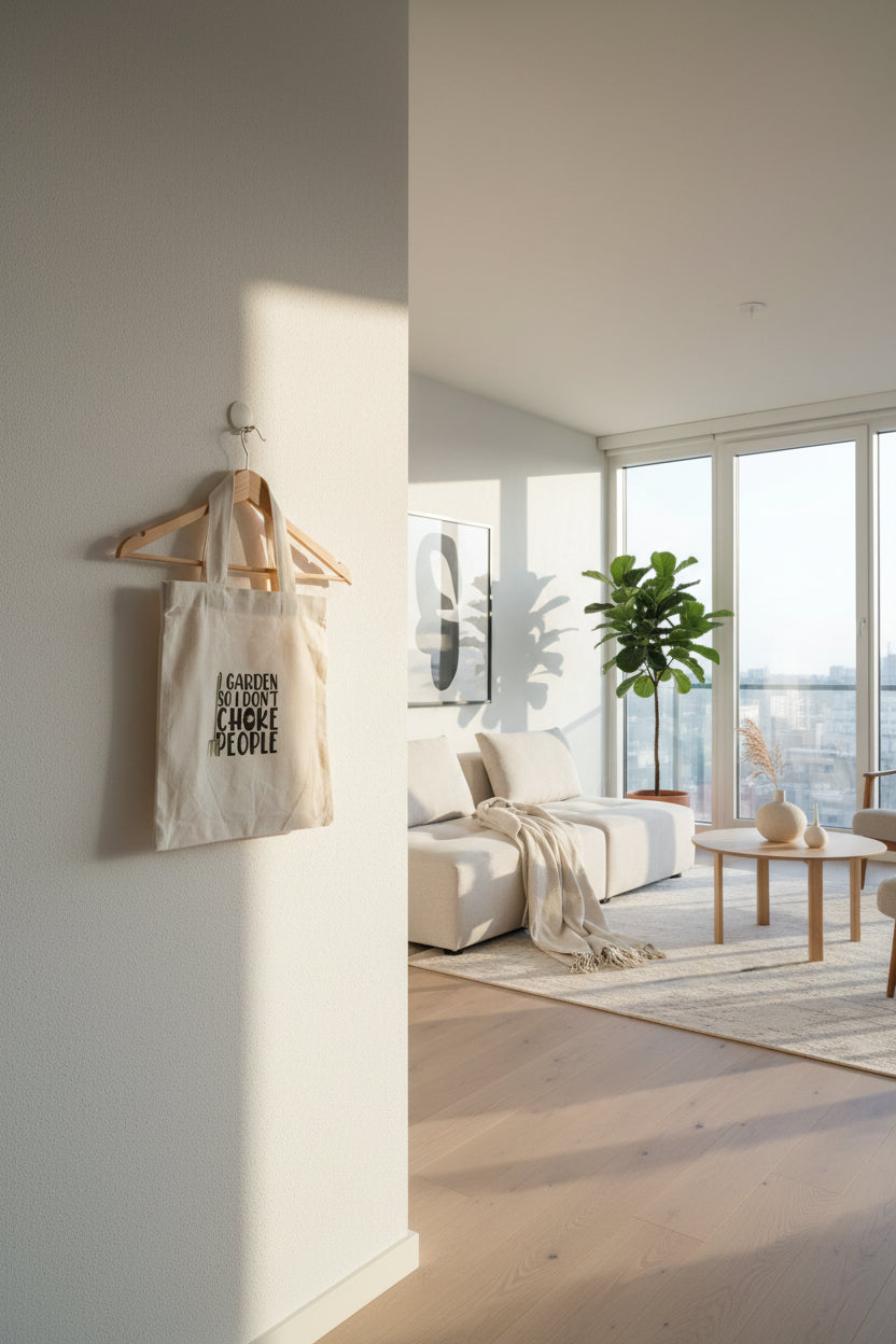 A white canvas tote bag with black text reading 'I GARDEN SO I DON'T CHOKE PEOPLE' hanging from a green plant hanger in a home setting. 8x8in
