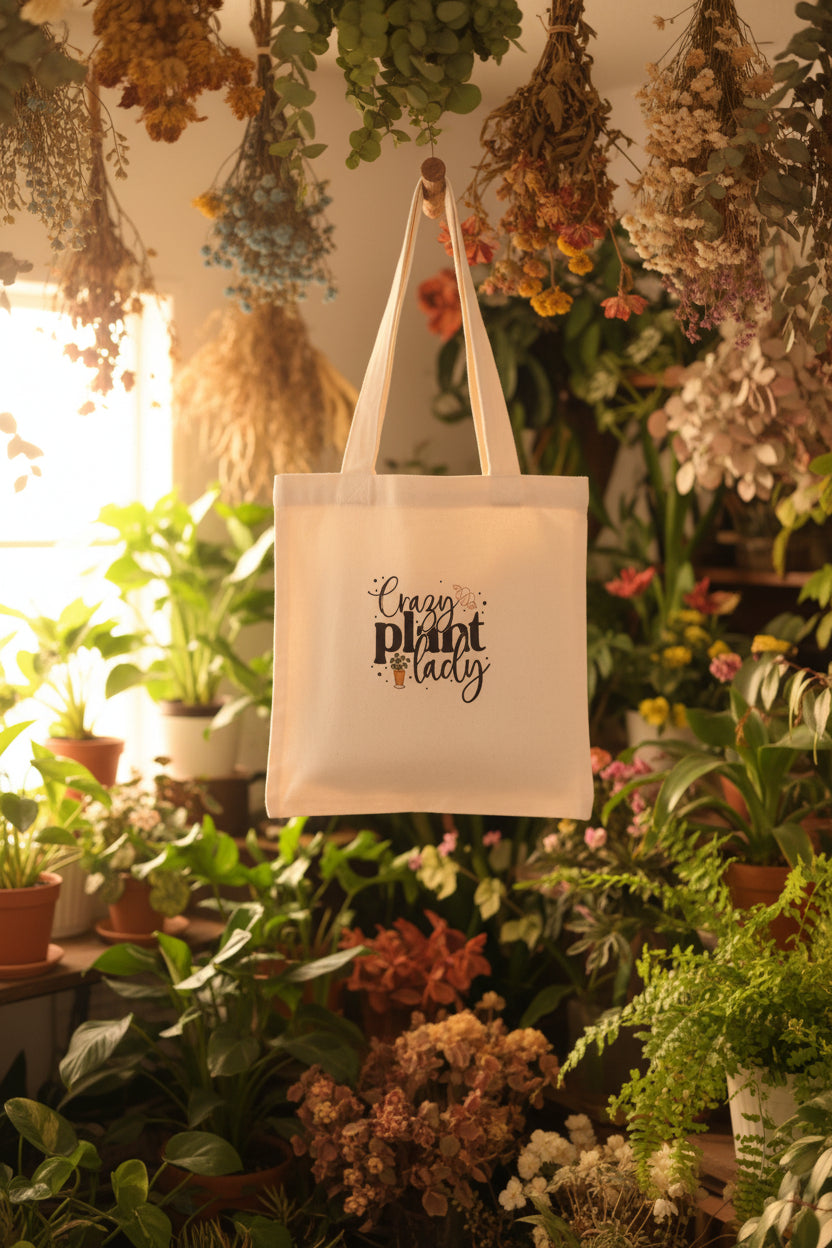 An off-white canvas tote bag with the text 'Crazy plant lady' printed on the front, 8x8in